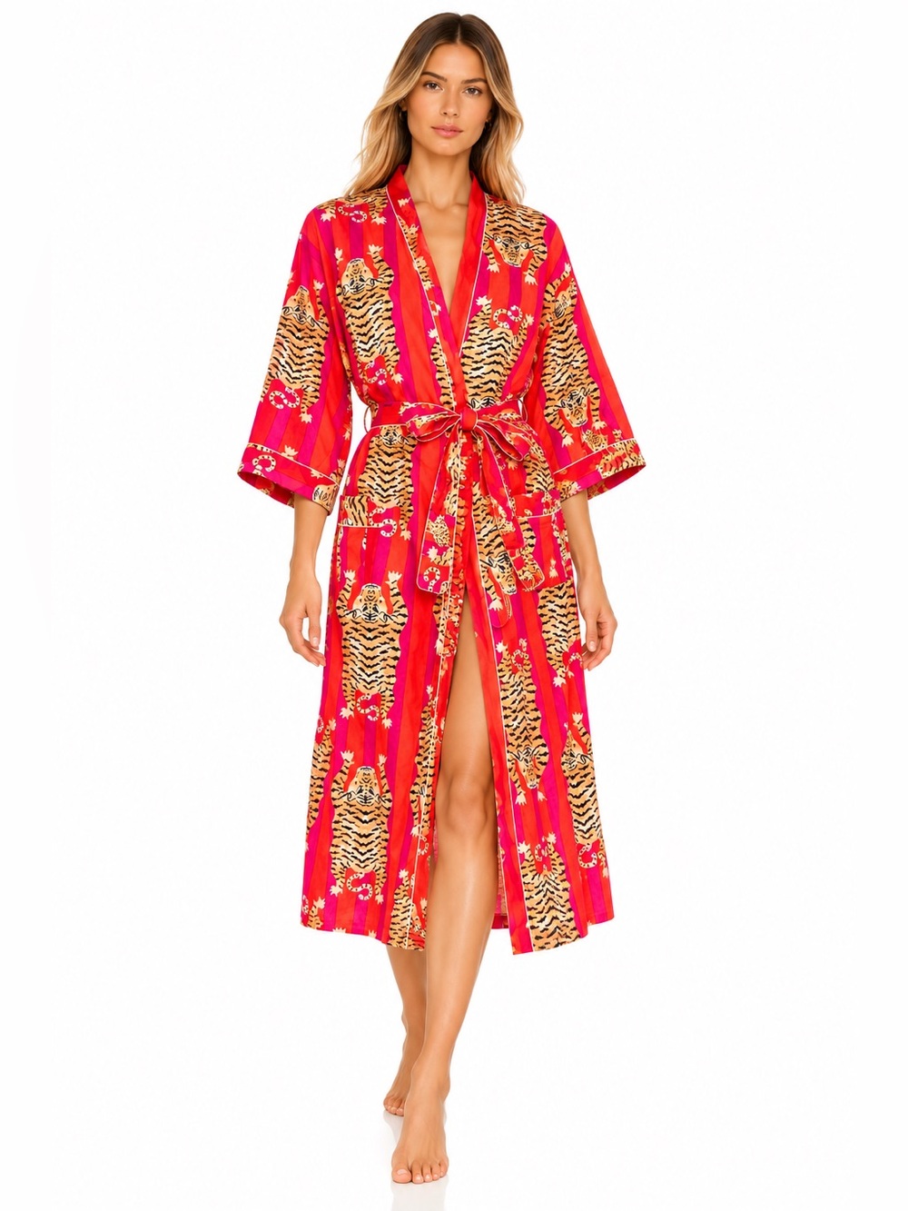 One Stone Goods Tiger Print Kimono Robe Red Pink Cotton Belted Duster